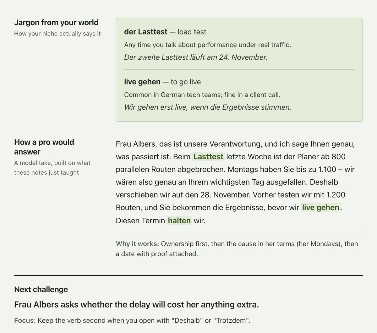 Tutor notes: jargon from the learner’s field with examples, and a model answer that uses the taught terms.