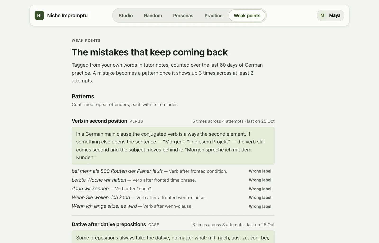 Weak points: ‘Verb in second position’, five times across four attempts, with each example in the learner’s own words.