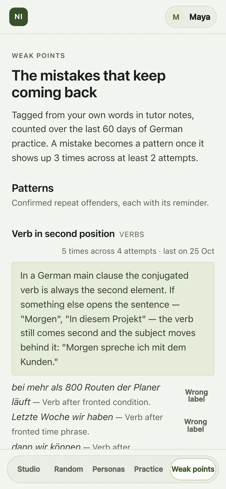 Weak points on a phone: ‘Verb in second position’, five times across four attempts.